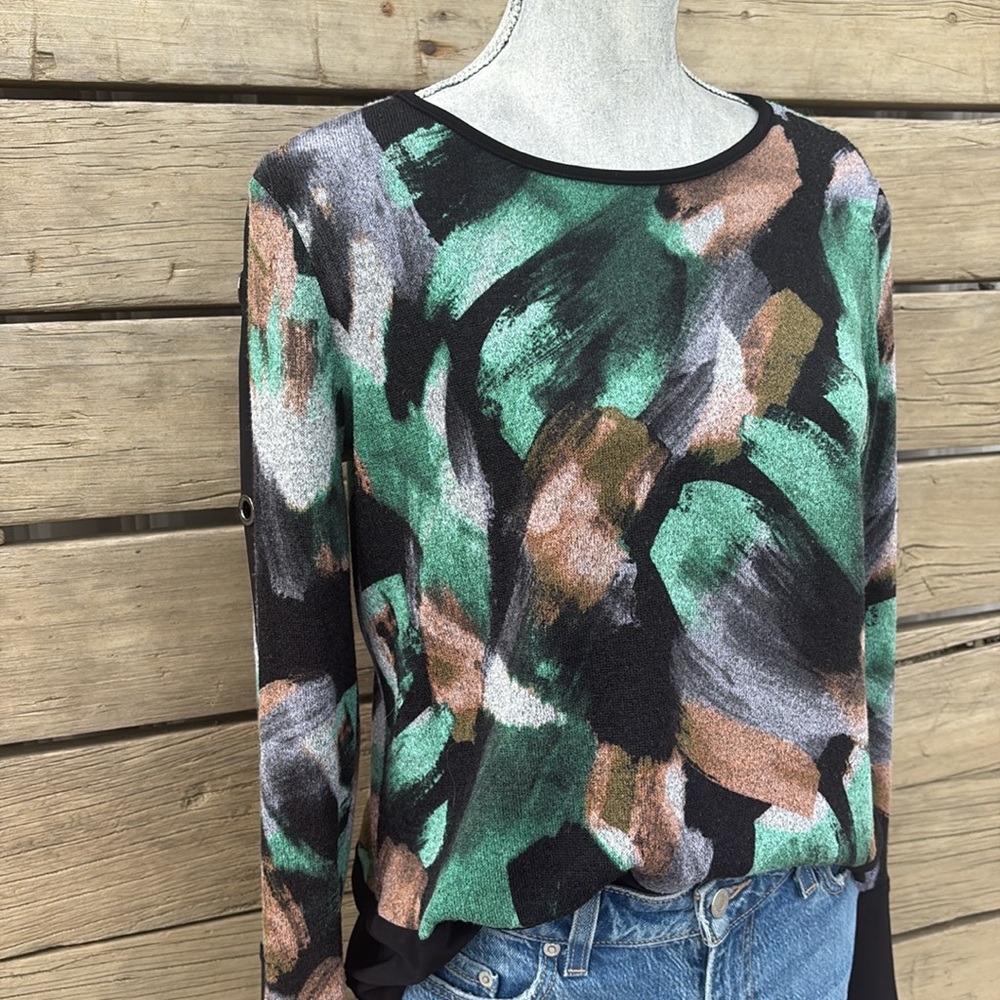 Joseph Ribkoff Abstract Print Sweater with grommet Detail Sz M - Picture 3 of 13